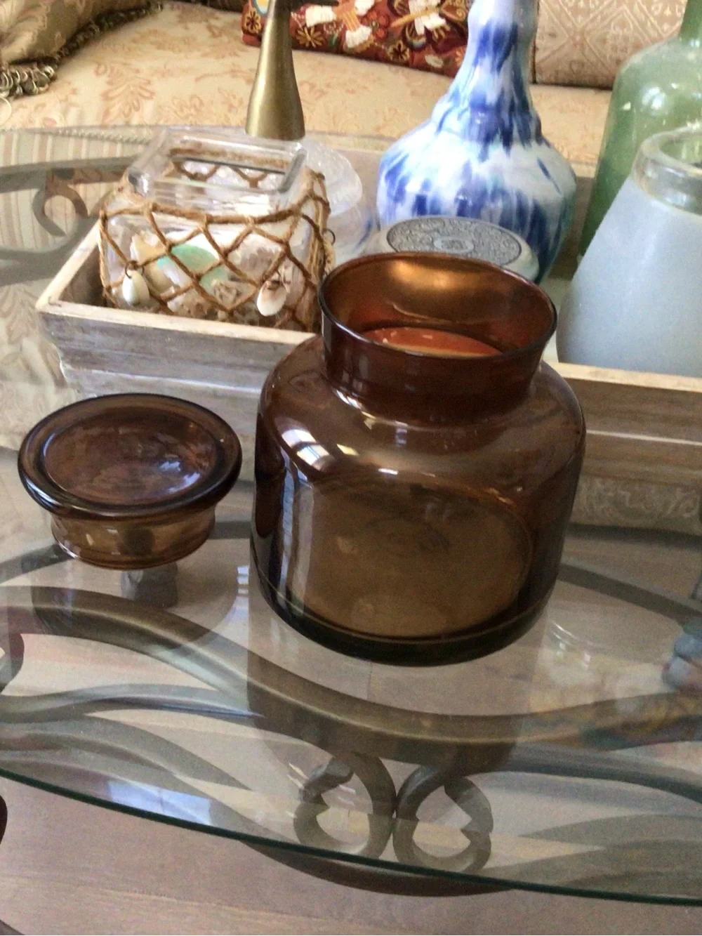 Amber Glass Jar with lid 6.5”H